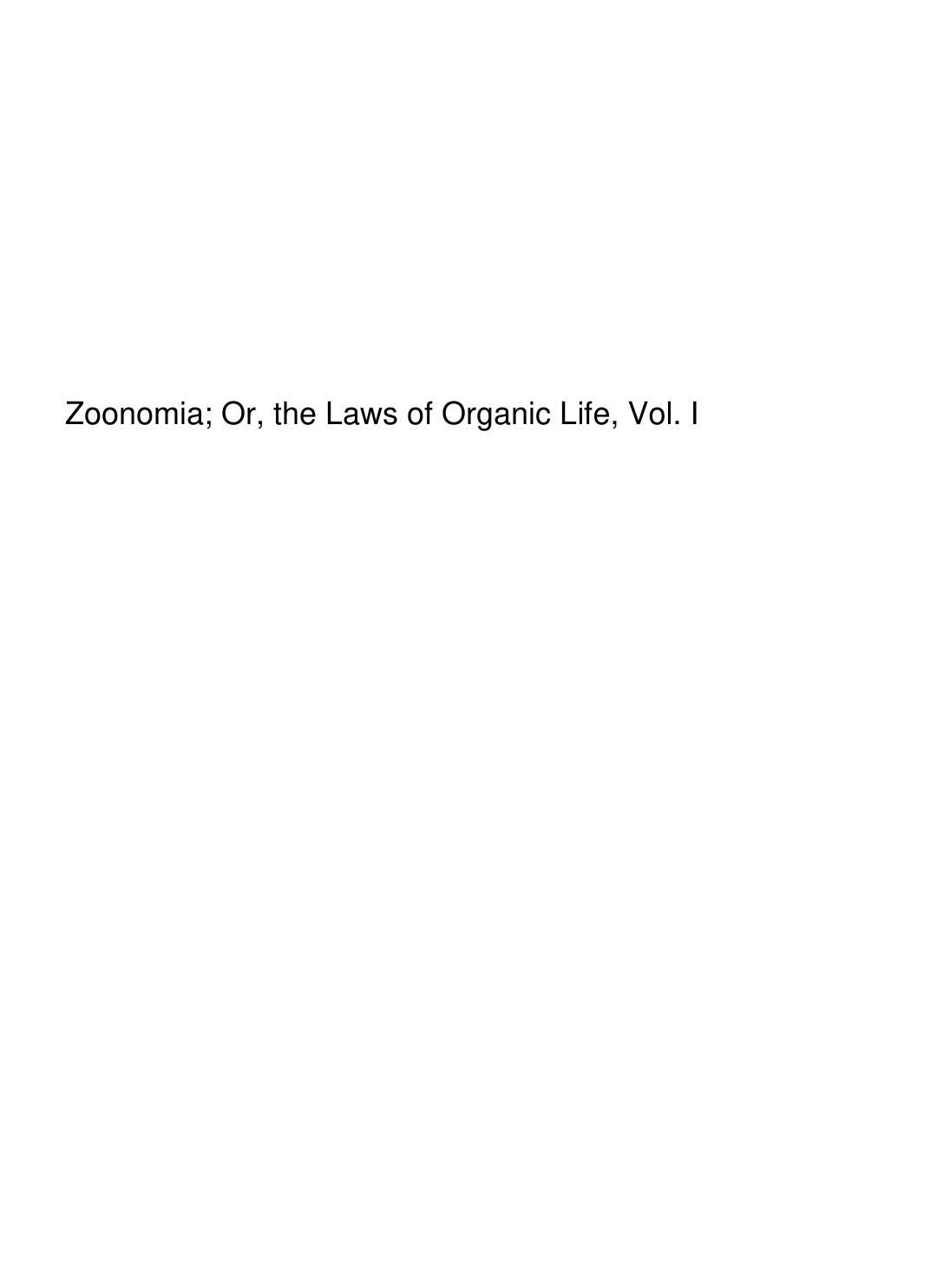 Cover of Zoonomia; Or, the Laws of Organic Life, Vol. I